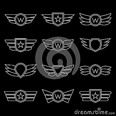 Wings line icon set. Winged logo and emblem collection. Company, army or aviation wing badges. Vector illustration. Vector Illustration